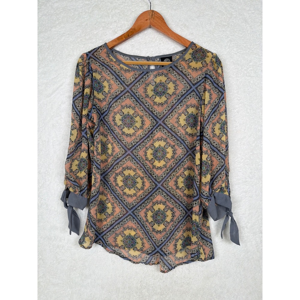 Bobeau Blouse Womens Medium Multicolor Geometric Tie Sleeve Keyhole Back Top